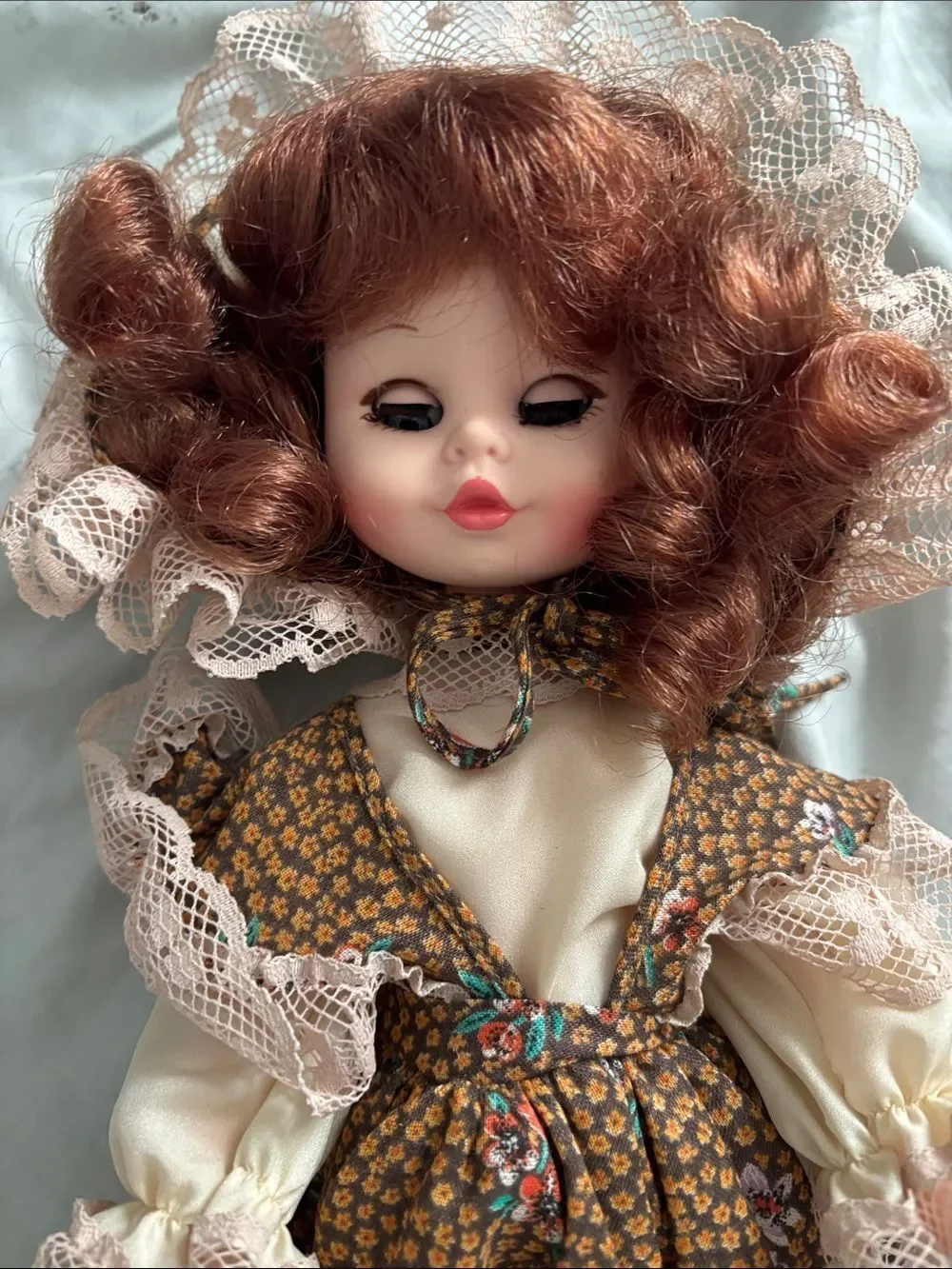 Collectible doll made in Italy, Vintage antique in Brown Floral with Pink Lace